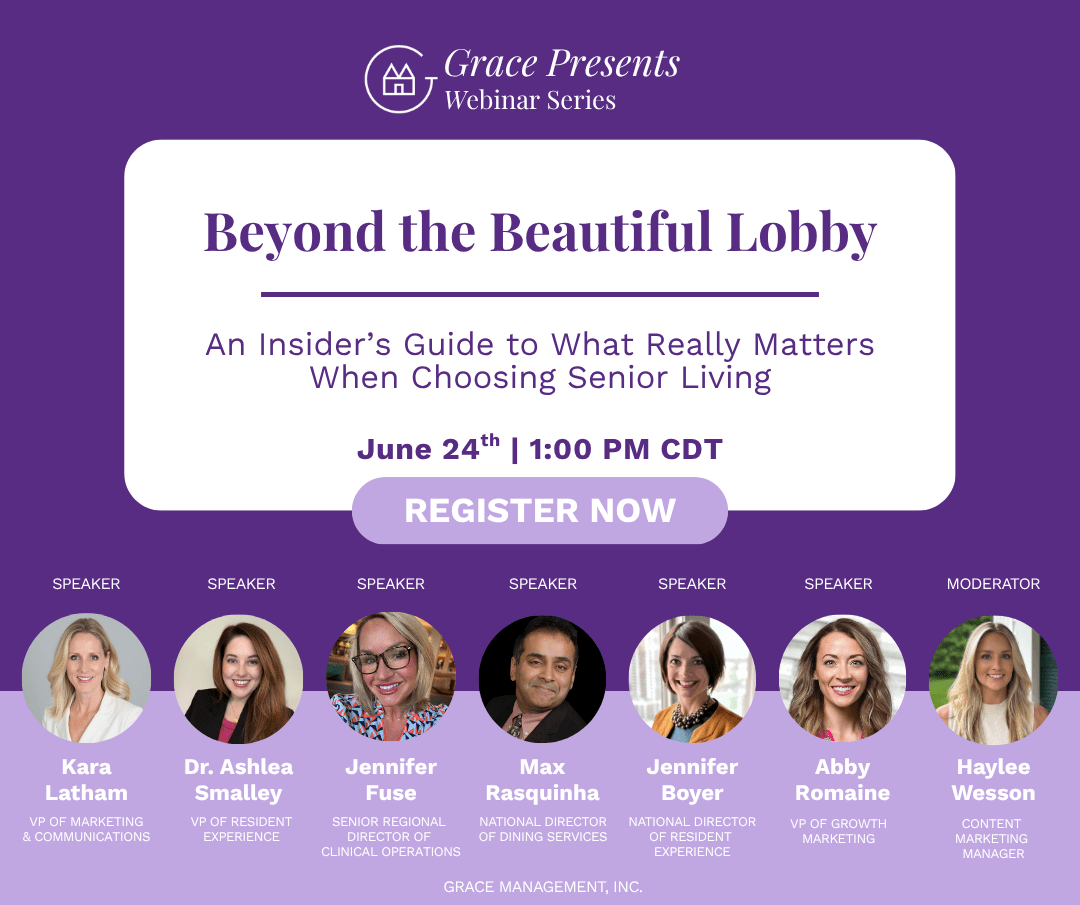 Promotional banner for Grace Presents Webinar Series: "Beyond the Beautiful Lobby" with date June 24, 1:00 PM CDT and a pink "Register Now" button; features portraits and names of seven speakers and one moderator.
